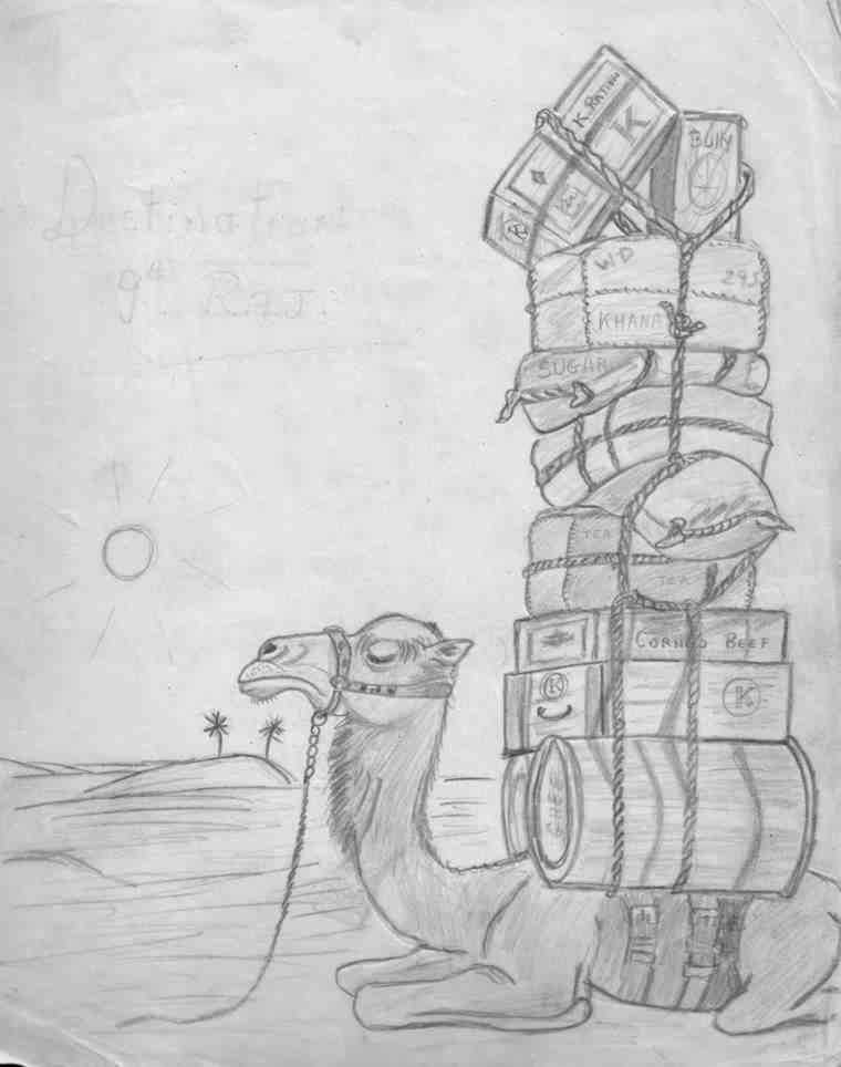 Humourous sketch of over-loaded camel, drawn by Alf in 1945.