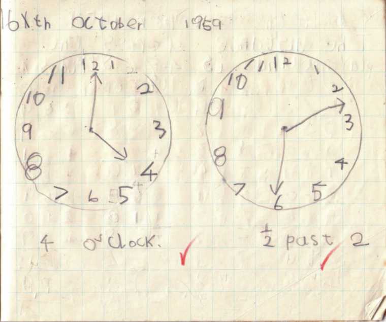 Picture of clocks from Michael's school workbook from 1959.