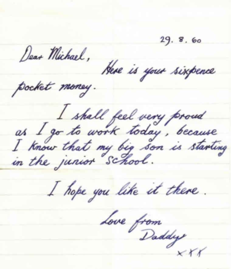 Picture of a note about pocket money for Michael from Alf.