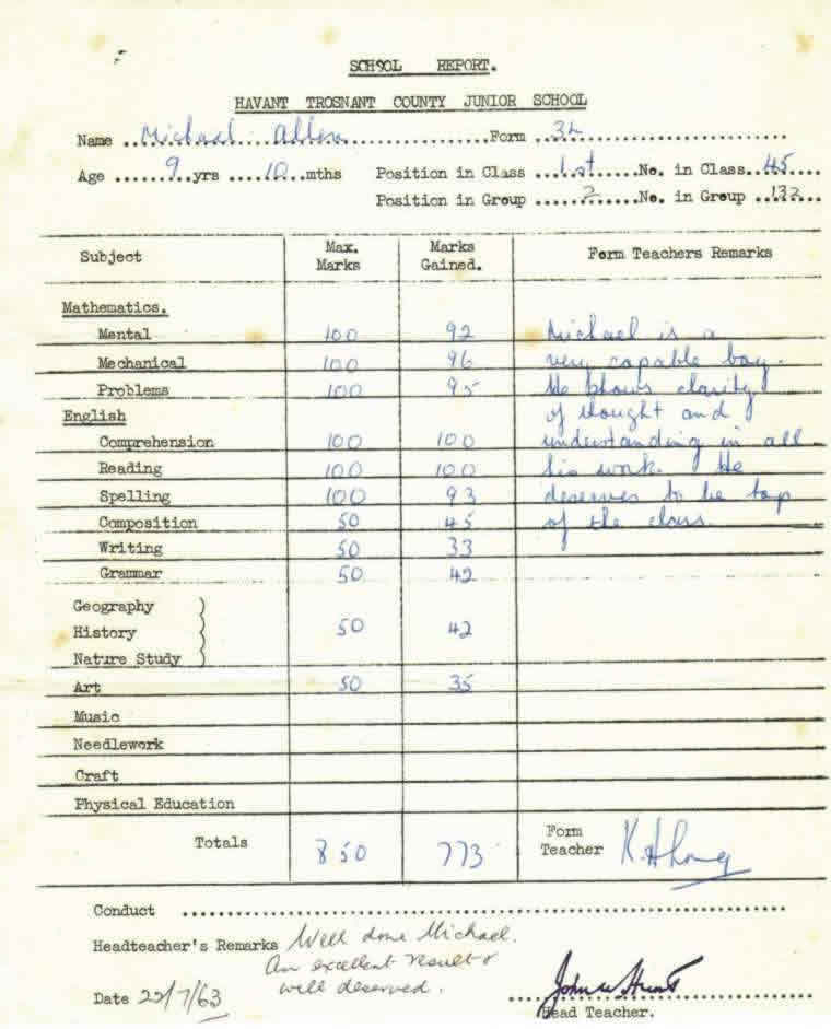 Picture of Michael's school report from 1963.